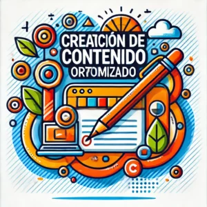 Gráfico que muestra la creación de contenido optimizado con un bolígrafo, papel y una pantalla de computadora